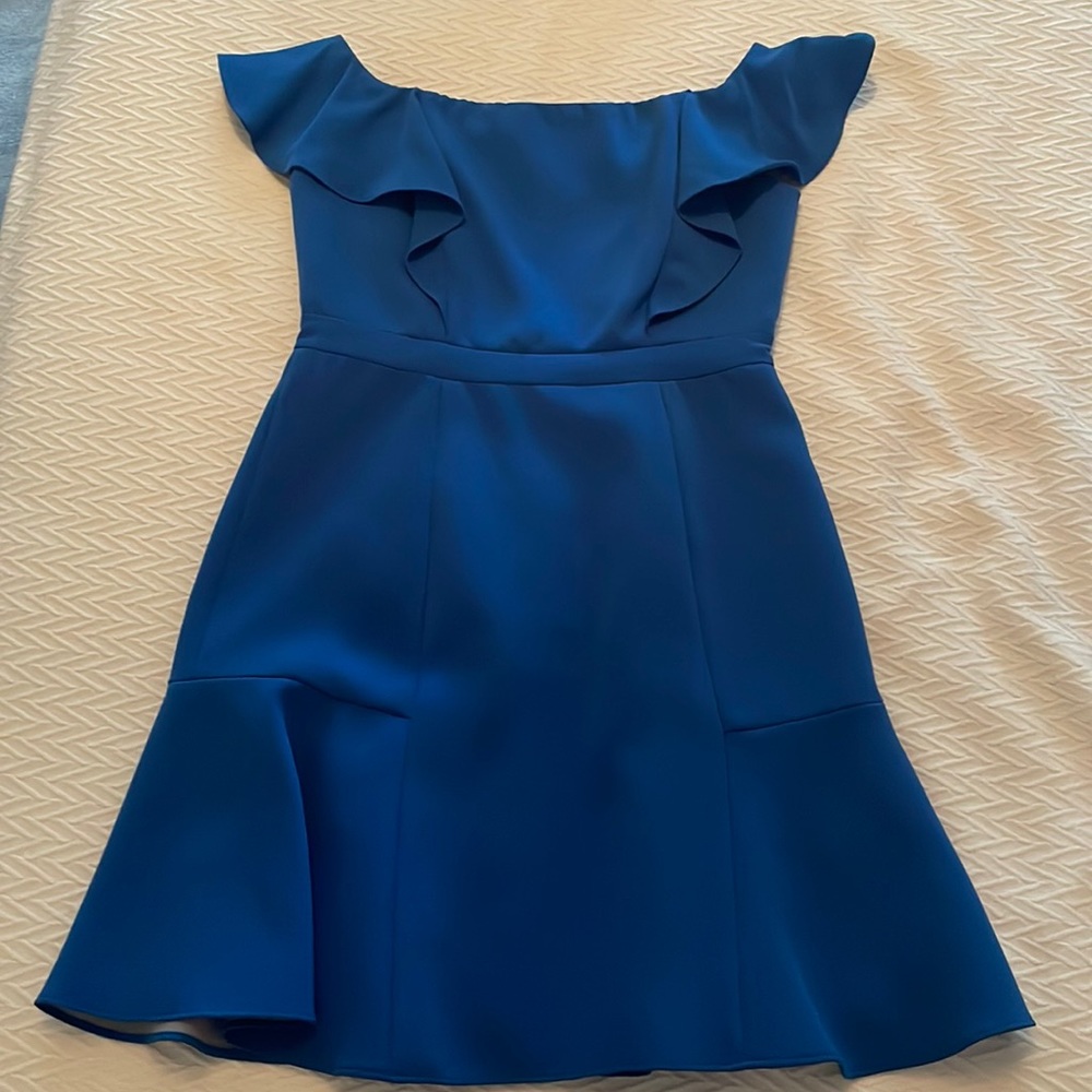 Blue Ruffle Off-The-Shoulder BCBGMaxAzria Alondra A-Line Dress